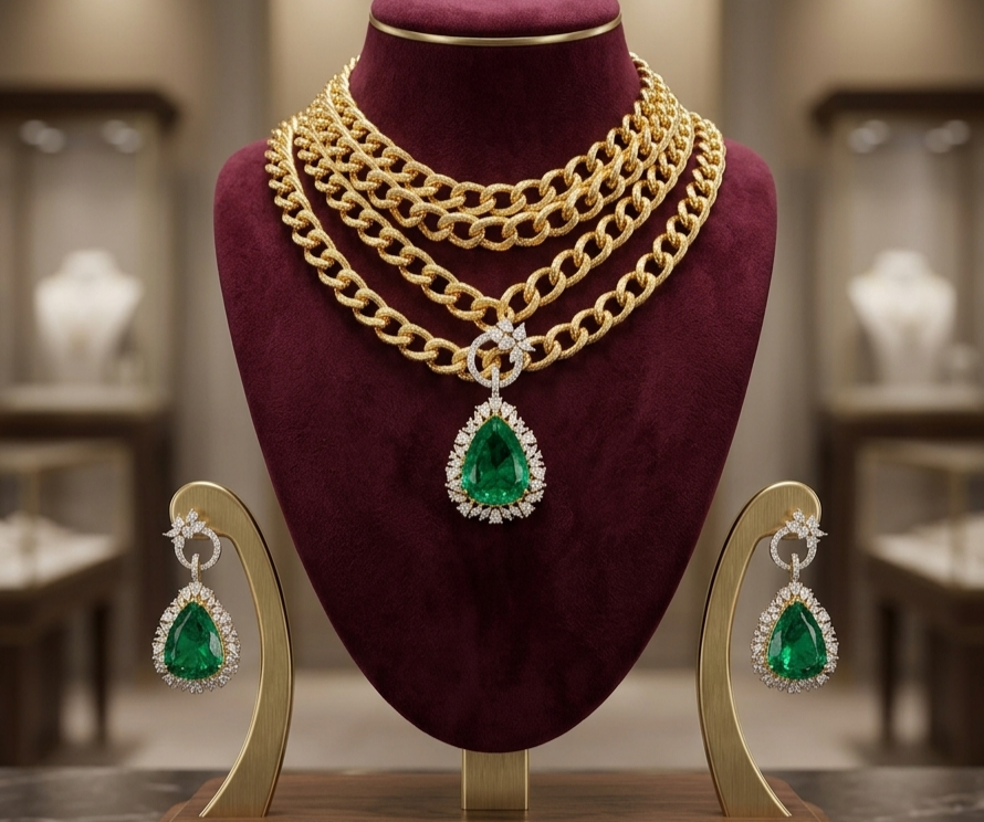 Multi-Strand Gold Chain & Pear Emerald CZ Set