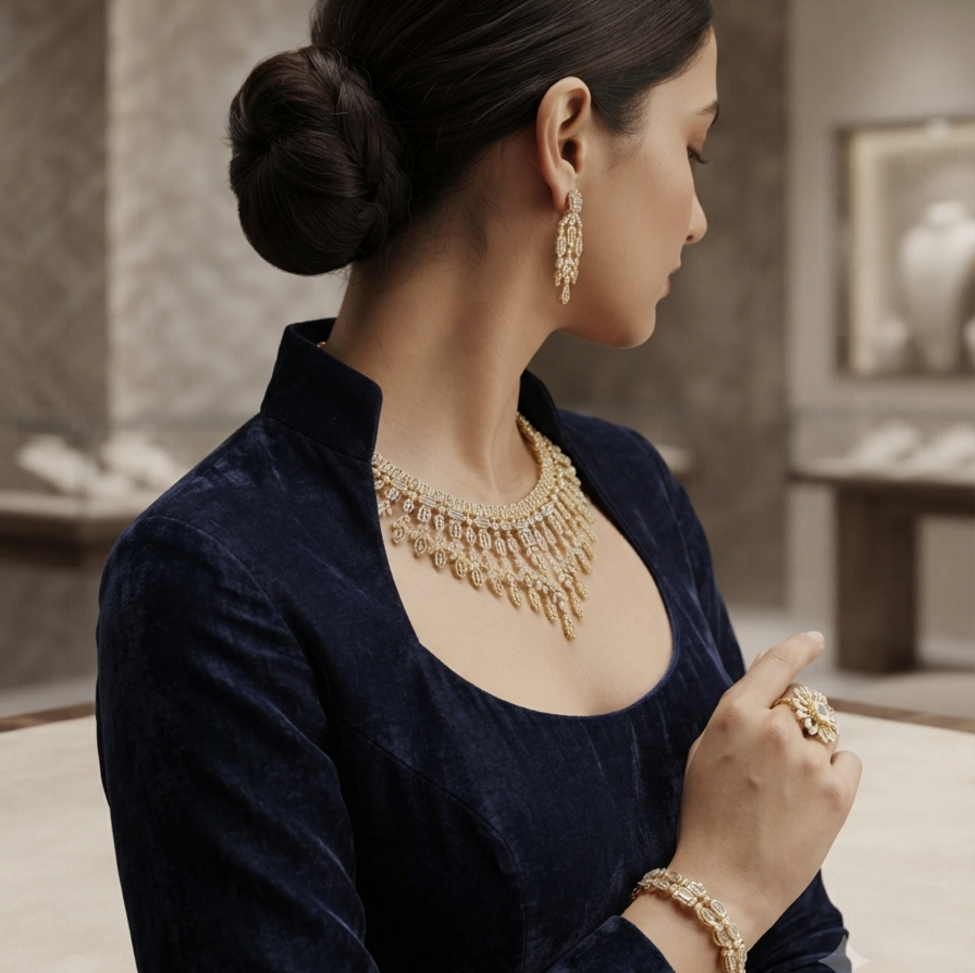 CZ crystal-embellished gold-plated jewelry set (ring and bracelet)