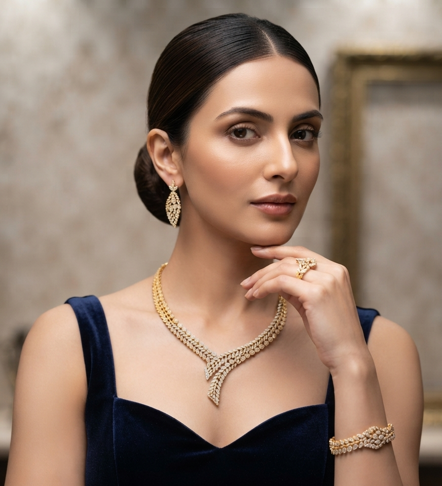 CZ crystal-embellished Gold-plated jewelry set (ring and bracelet)