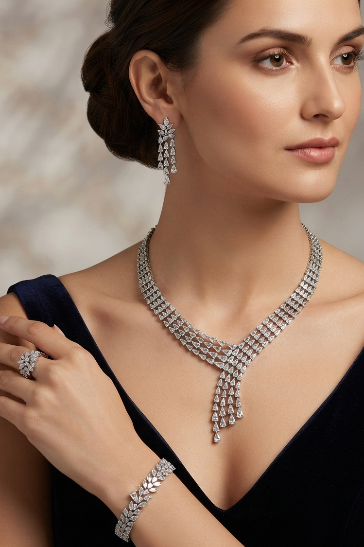 CZ crystal-embellished rhodium-plated jewelry set (ring and bracelet)