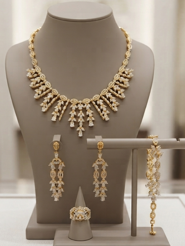 CZ crystal-embellished Gold-plated jewelry set (ring and bracelet)