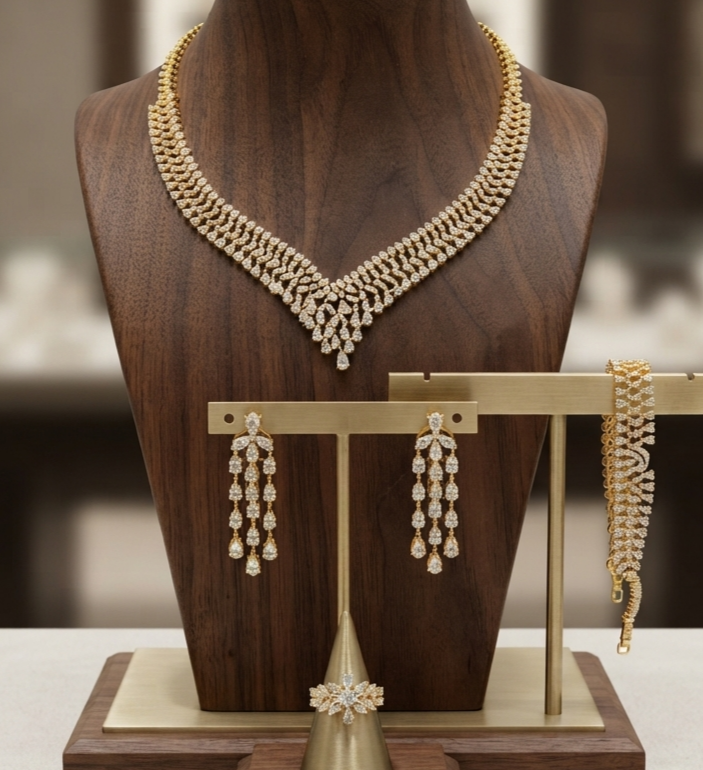 CZ crystal-embellished Gold-plated jewelry set (ring and bracelet)