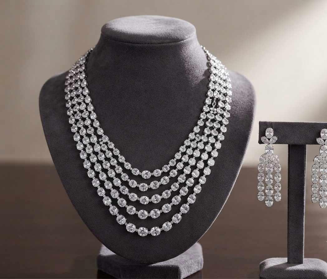 Rhodium layered necklace with matching elegant drop earrings.