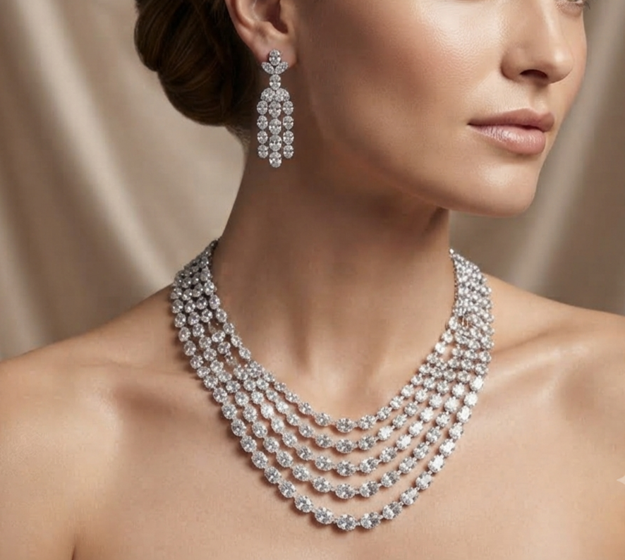 Rhodium layered necklace with matching elegant drop earrings.