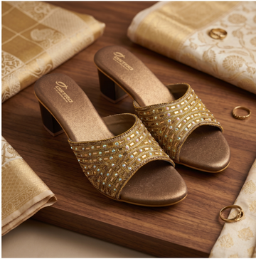 Bronze Embellished Lattice Mule Block Heels
