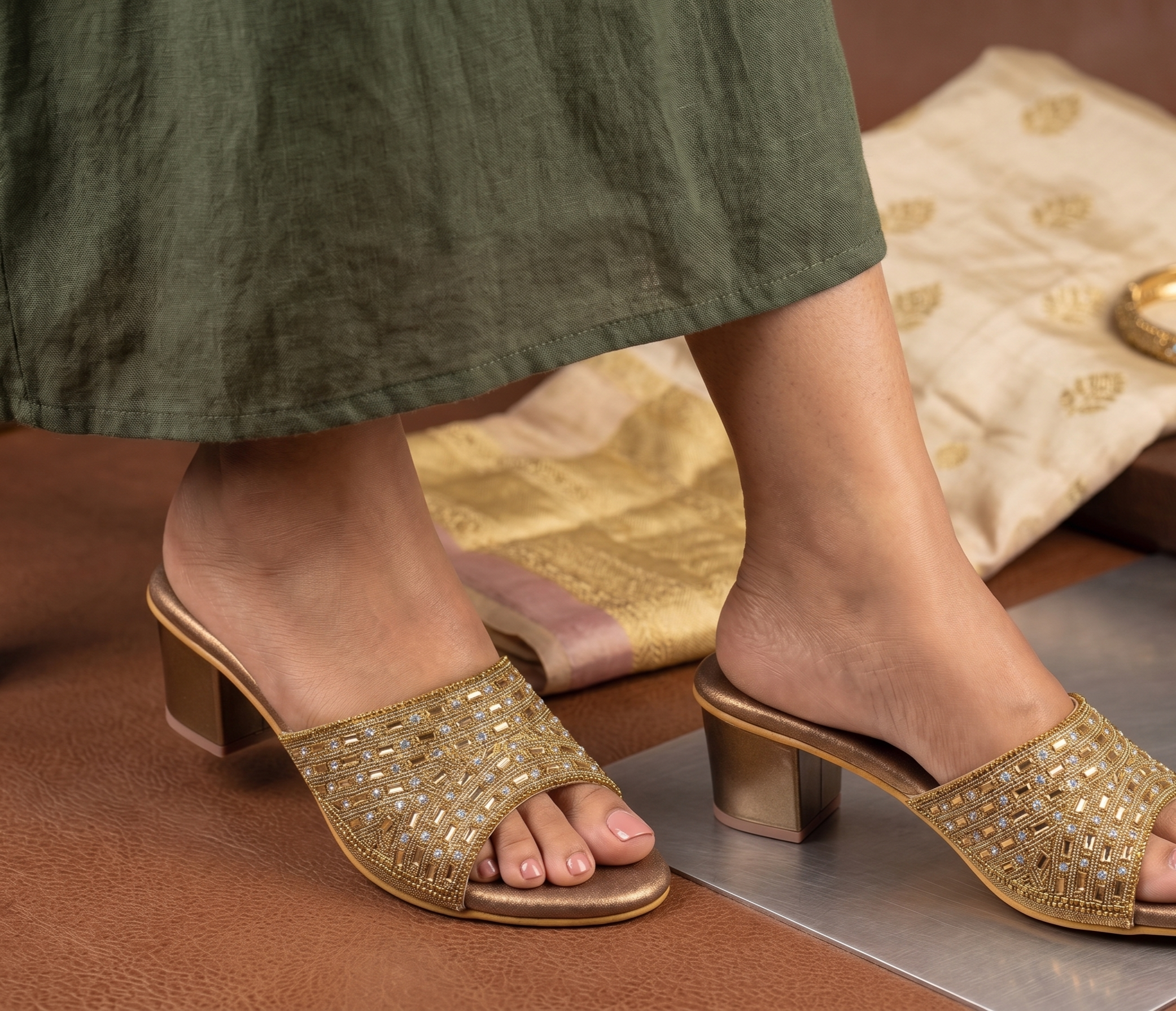Bronze Embellished Lattice Mule Block Heels