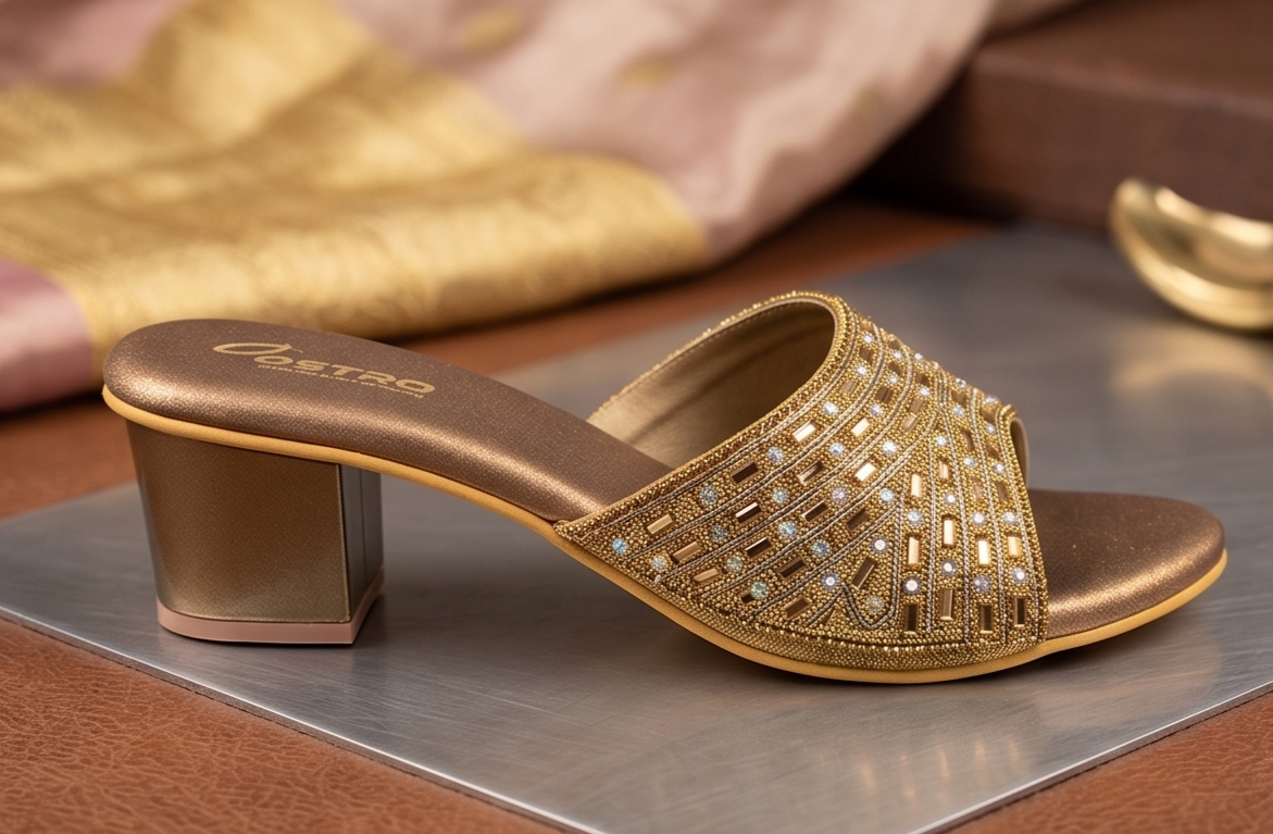 Bronze Embellished Lattice Mule Block Heels