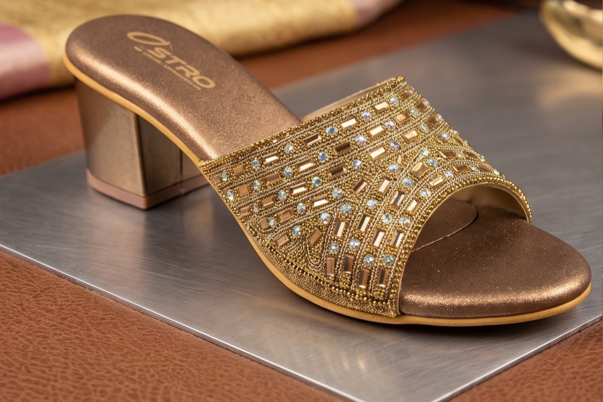 Bronze Embellished Lattice Mule Block Heels