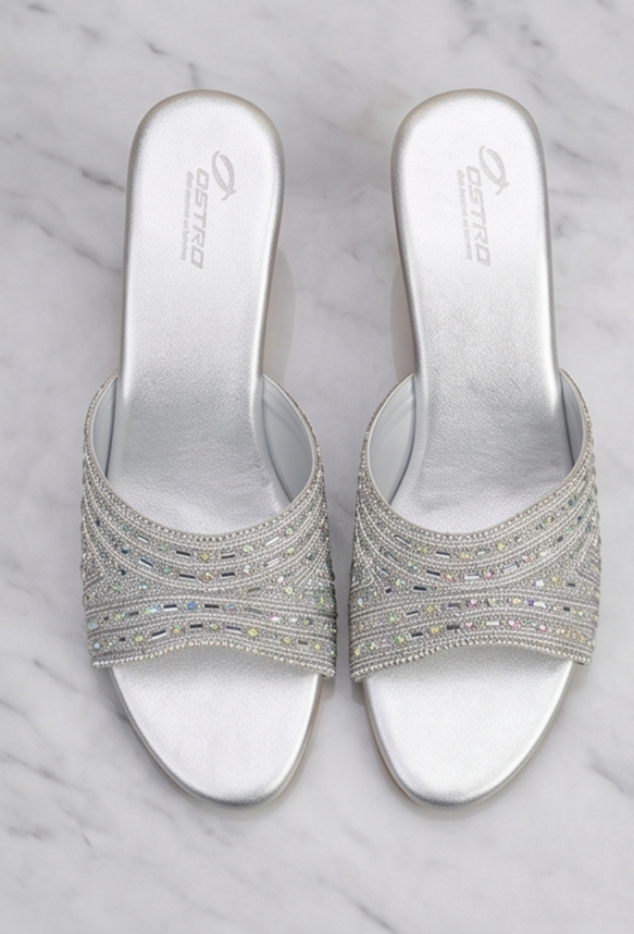 Silver Shimmer Embellished Mule Block Heels