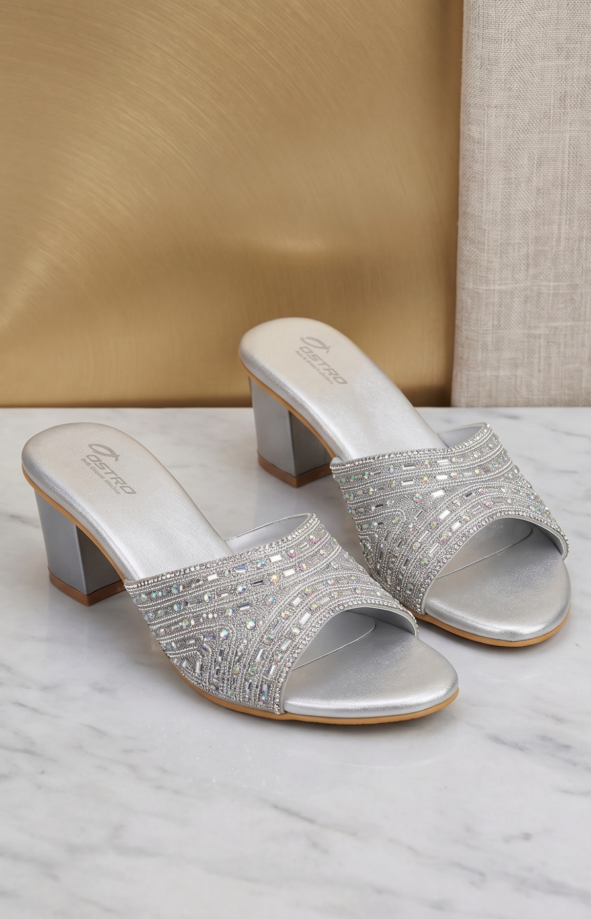 Silver Shimmer Embellished Mule Block Heels