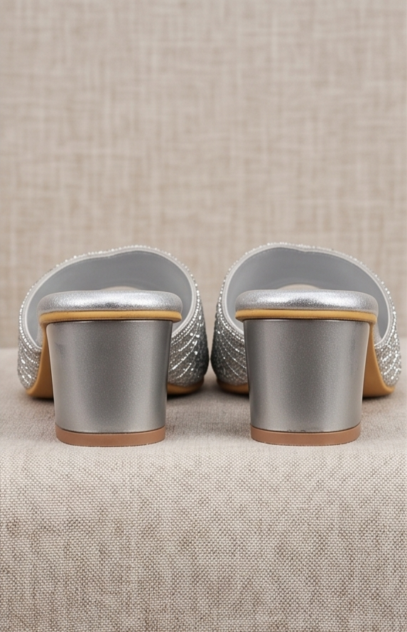 Silver Shimmer Embellished Mule Block Heels