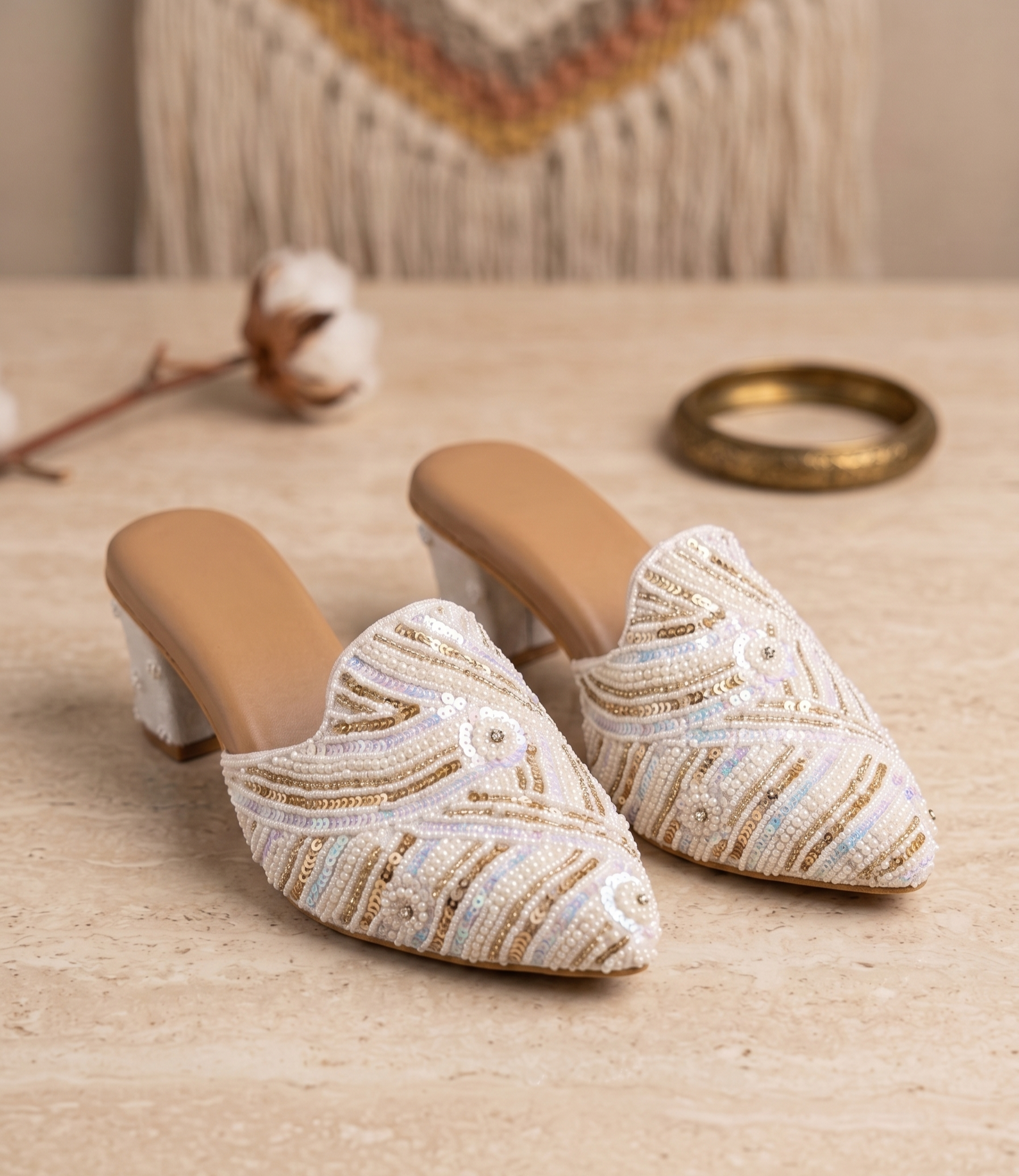 Pearl & Sequin Embroidered Ivory Block Heel Mules