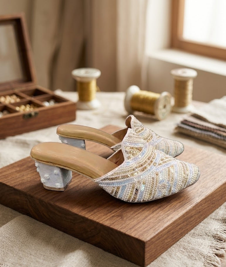 Pearl & Sequin Embroidered Ivory Block Heel Mules