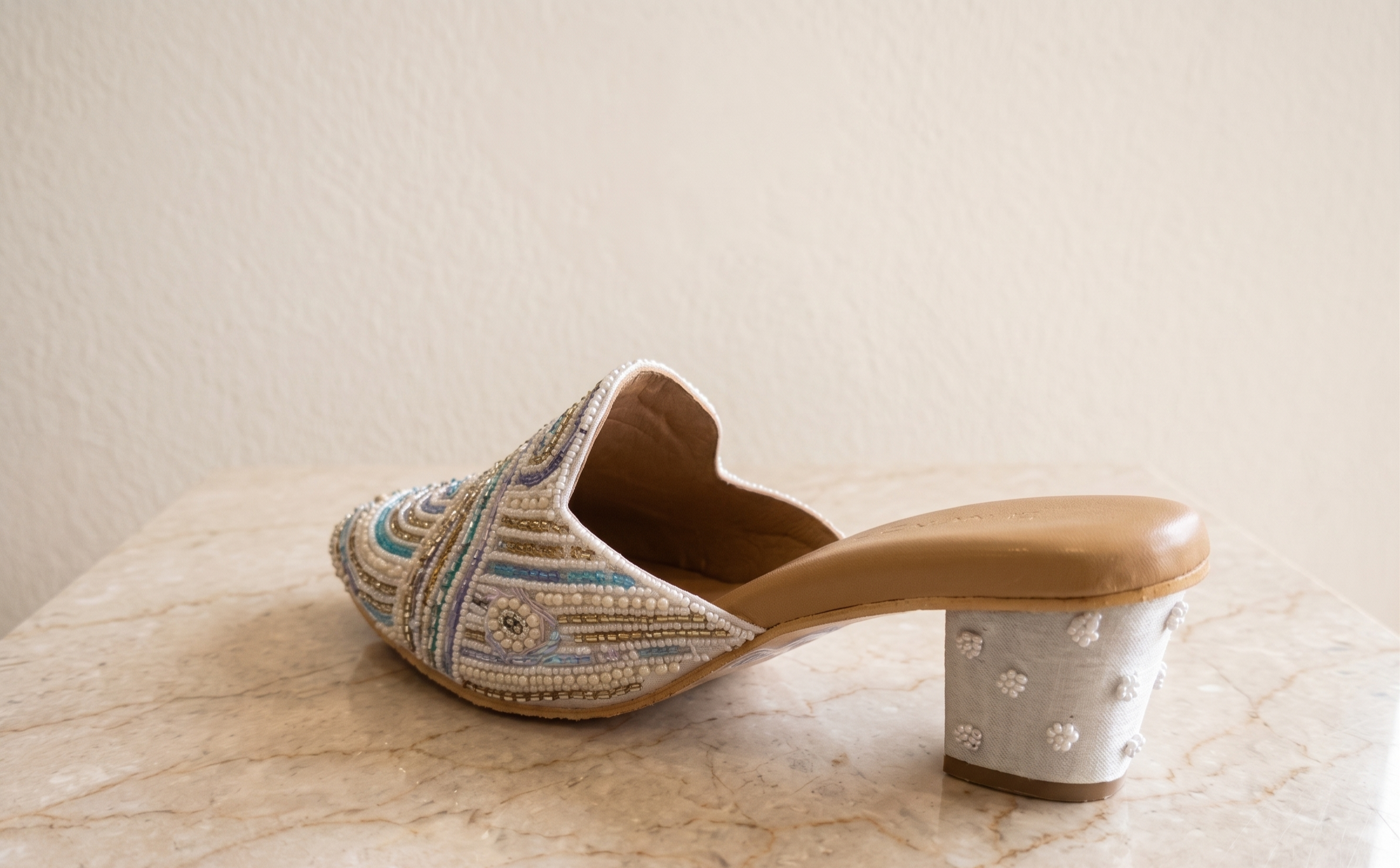 Pearl & Sequin Embroidered Ivory Block Heel Mules