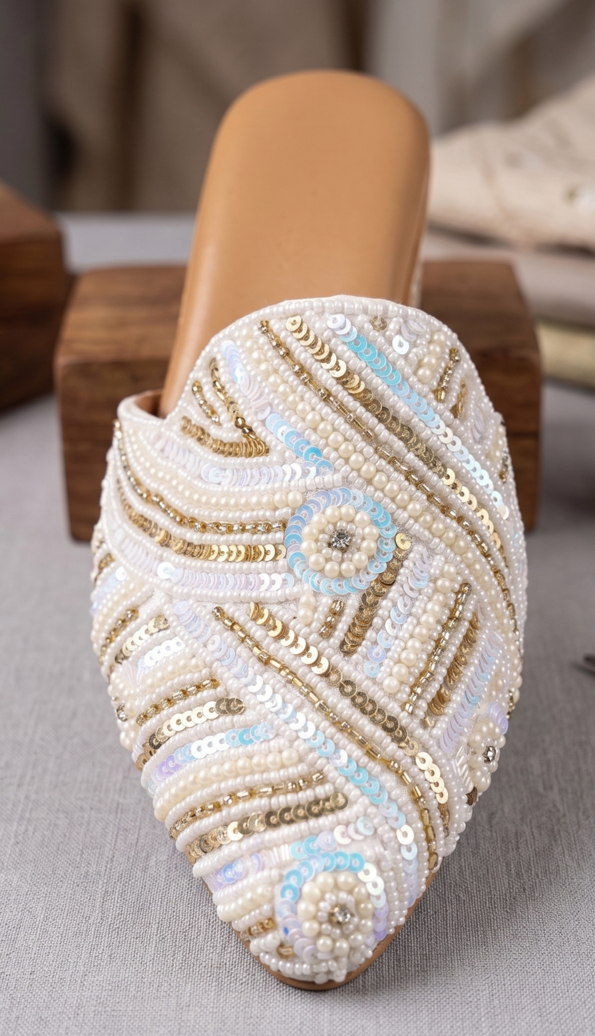 Pearl & Sequin Embroidered Ivory Block Heel Mules