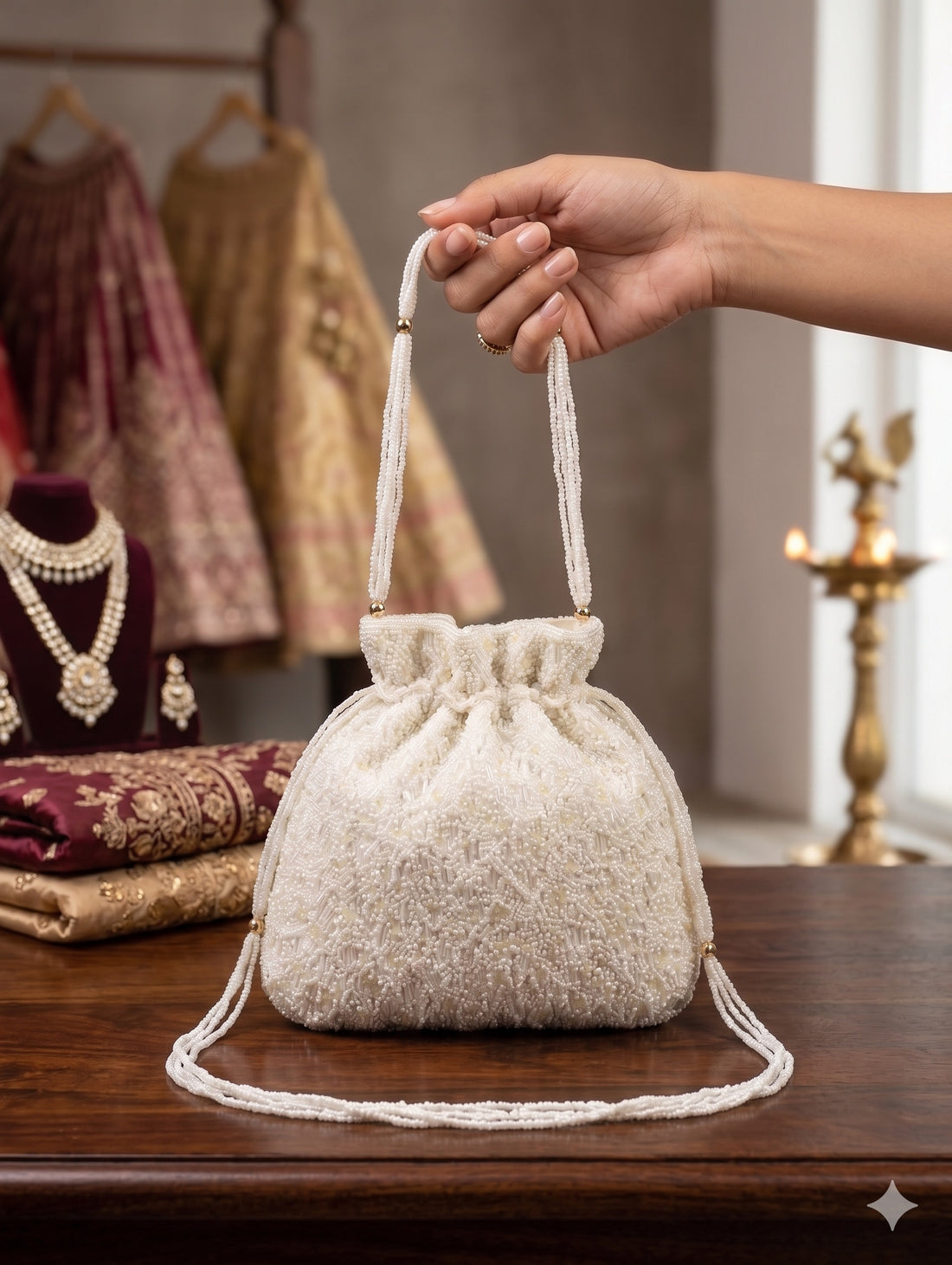 Ivory Handbeaded Potli Bag with Pearl Handle
