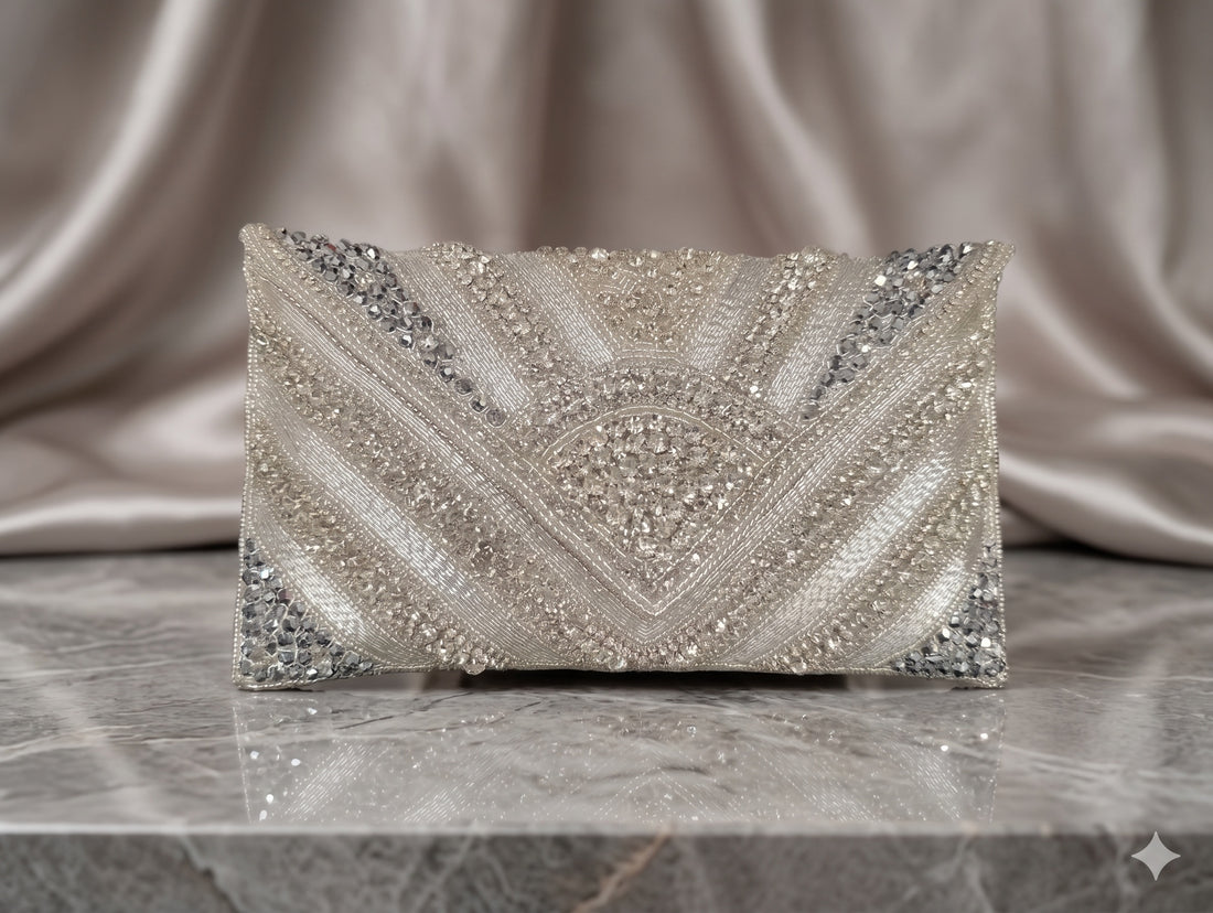 Ivory and Silver Beaded Clutch