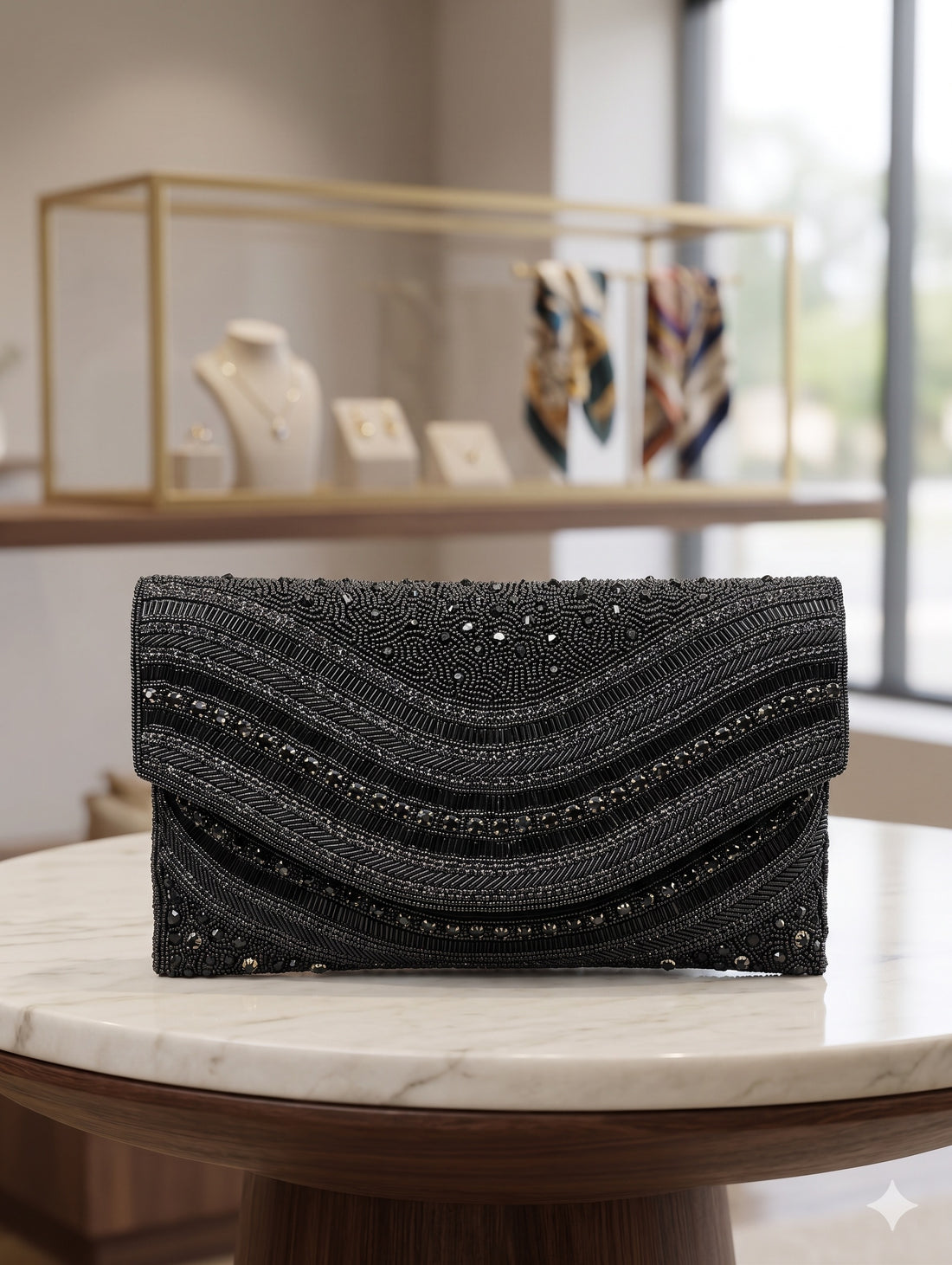 Jet Black Wave-Embellished Clutch