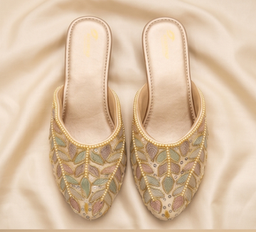 Pastel Leaf Embroidered Beige Flat Mules