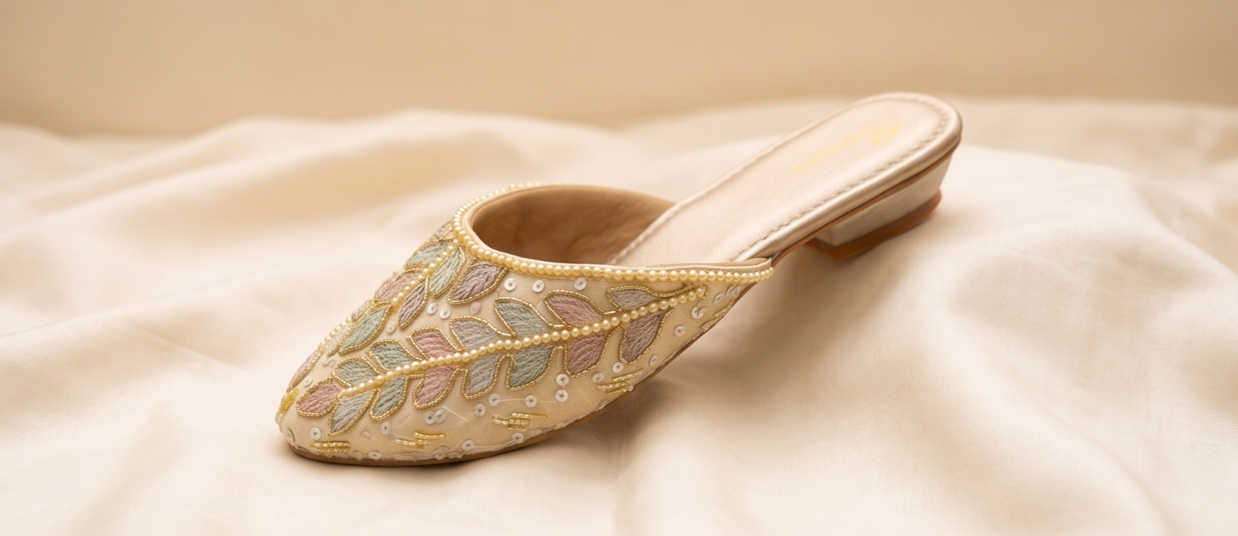 Pastel Leaf Embroidered Beige Flat Mules
