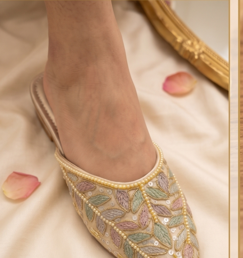 Pastel Leaf Embroidered Beige Flat Mules