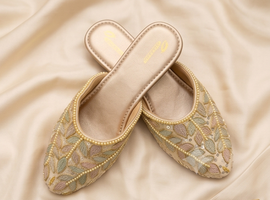 Pastel Leaf Embroidered Beige Flat Mules