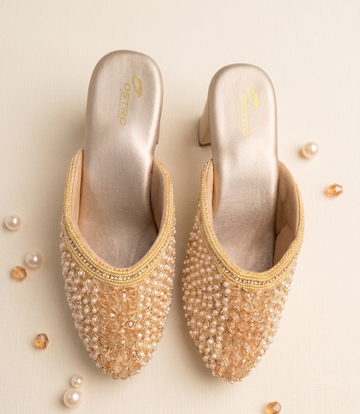 Pearl & Crystal Embellished Champagne Block Heel Mules