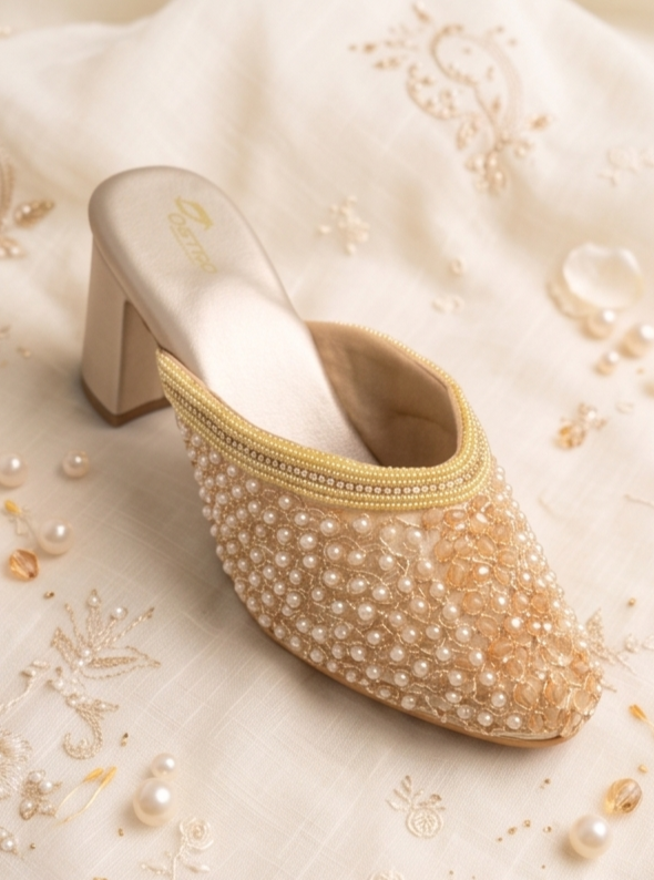 Pearl & Crystal Embellished Champagne Block Heel Mules