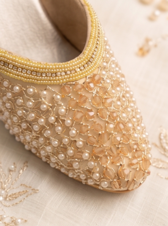 Pearl & Crystal Embellished Champagne Block Heel Mules