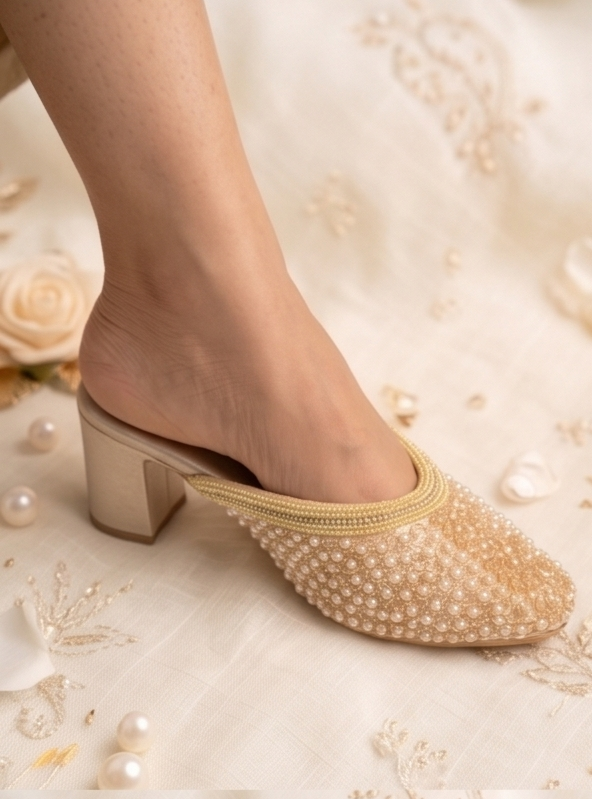 Pearl & Crystal Embellished Champagne Block Heel Mules