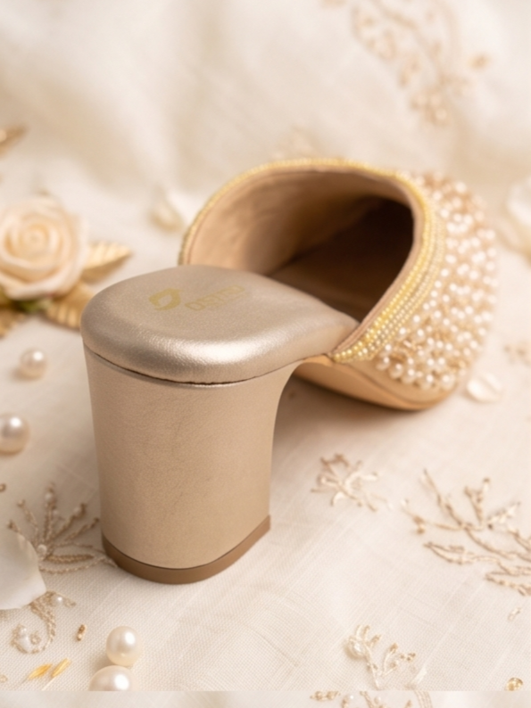 Pearl & Crystal Embellished Champagne Block Heel Mules