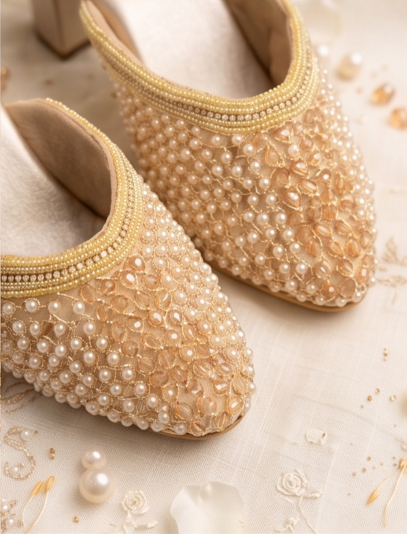 Pearl & Crystal Embellished Champagne Block Heel Mules