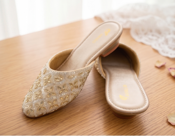 Floral Embroidered Light Gold Flat Mules