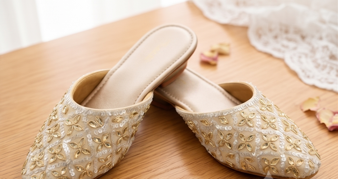 Floral Embroidered Light Gold Flat Mules