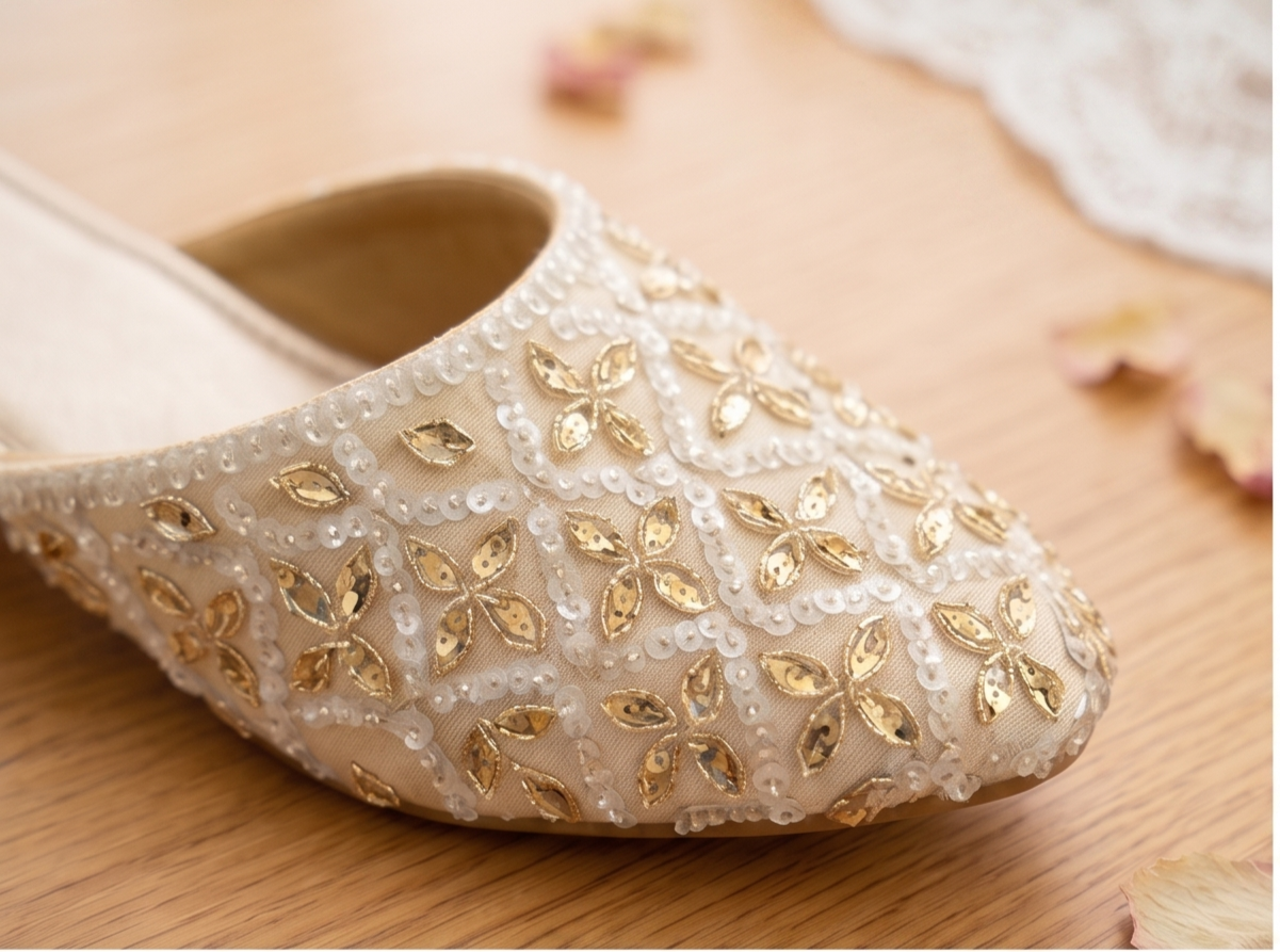 Floral Embroidered Light Gold Flat Mules