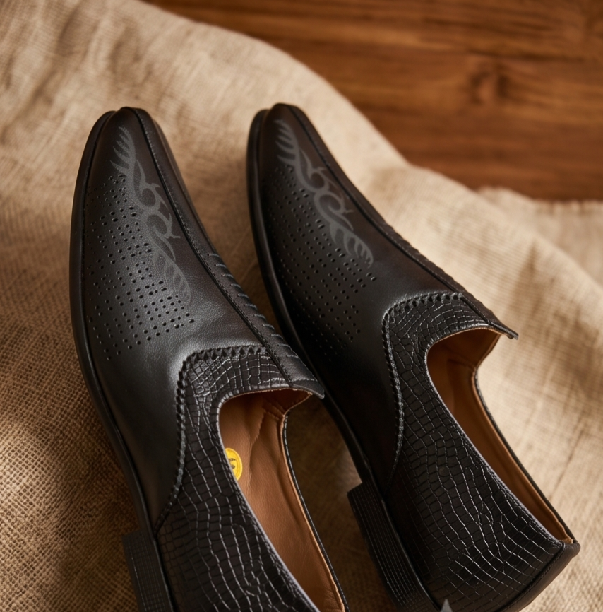 Embossed Black Formal Slip-On Loafers