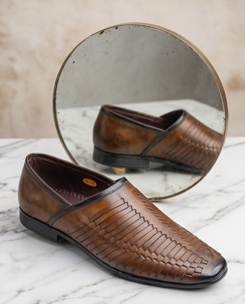 Burnished Tan Woven Formal Slip-On Shoes