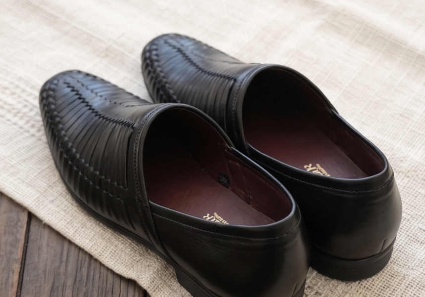 Black Woven Leather-Look Formal Slip-On Shoes