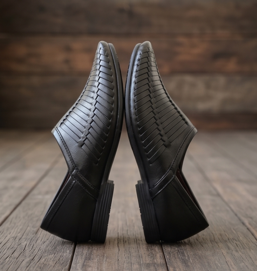 Black Woven Leather-Look Formal Slip-On Shoes