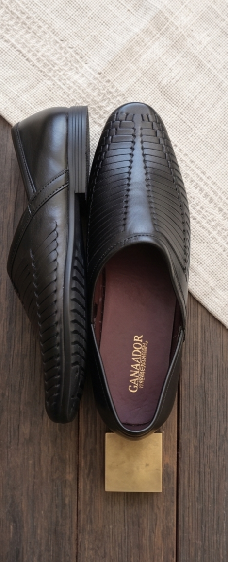 Black Woven Leather-Look Formal Slip-On Shoes