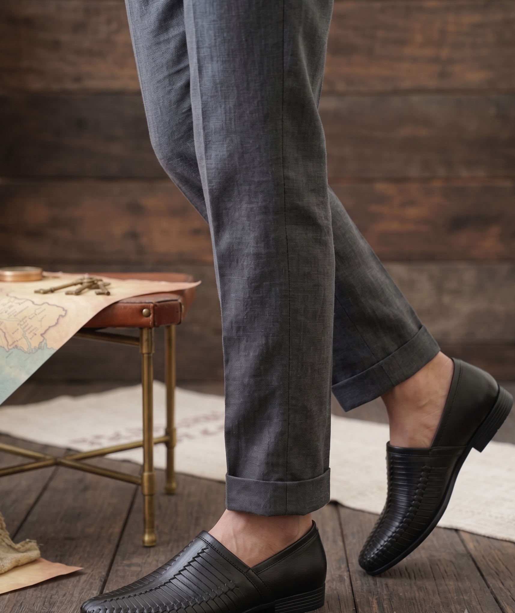 Black Woven Leather-Look Formal Slip-On Shoes