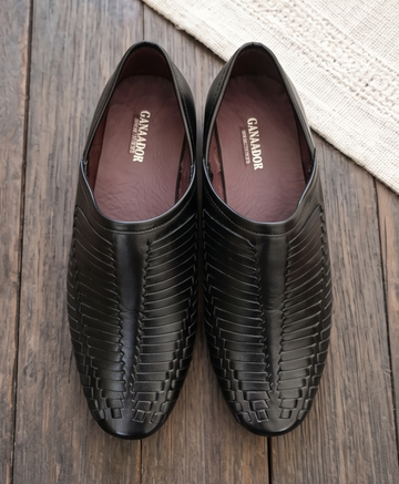 Black Woven Leather-Look Formal Slip-On Shoes