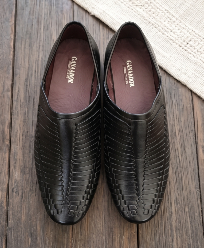 Black Woven Leather-Look Formal Slip-On Shoes