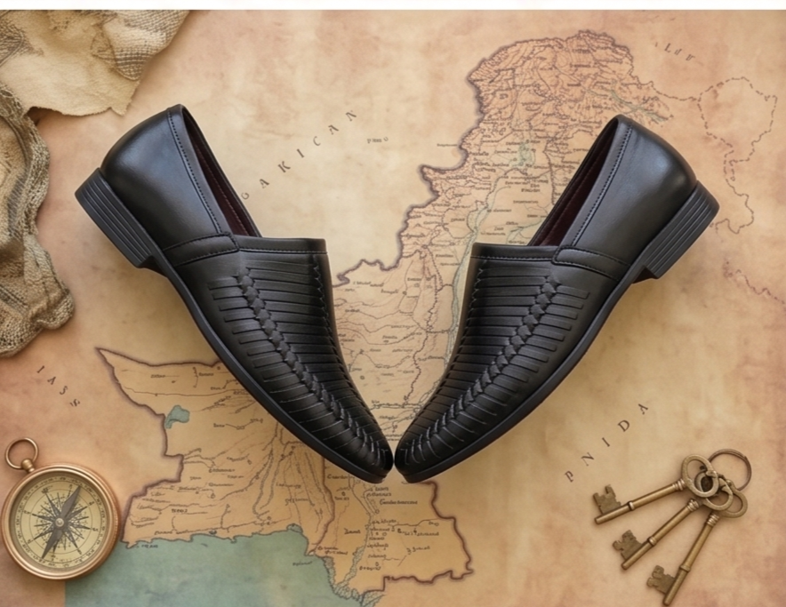 Black Woven Leather-Look Formal Slip-On Shoes