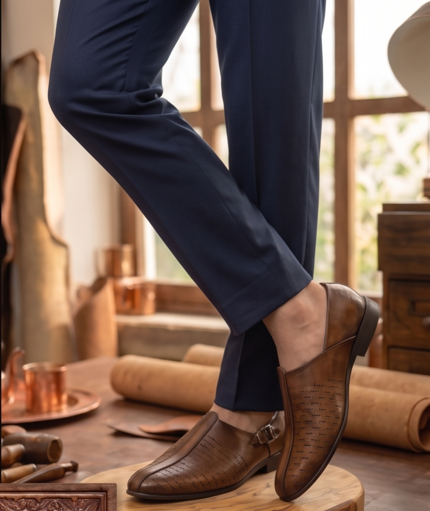 Burnished Tan Perforated Monk-Strap Formal Shoes