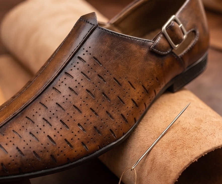 Burnished Tan Perforated Monk-Strap Formal Shoes