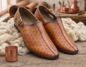 Burnished Light Tan Monk-Strap Perforated Shoes