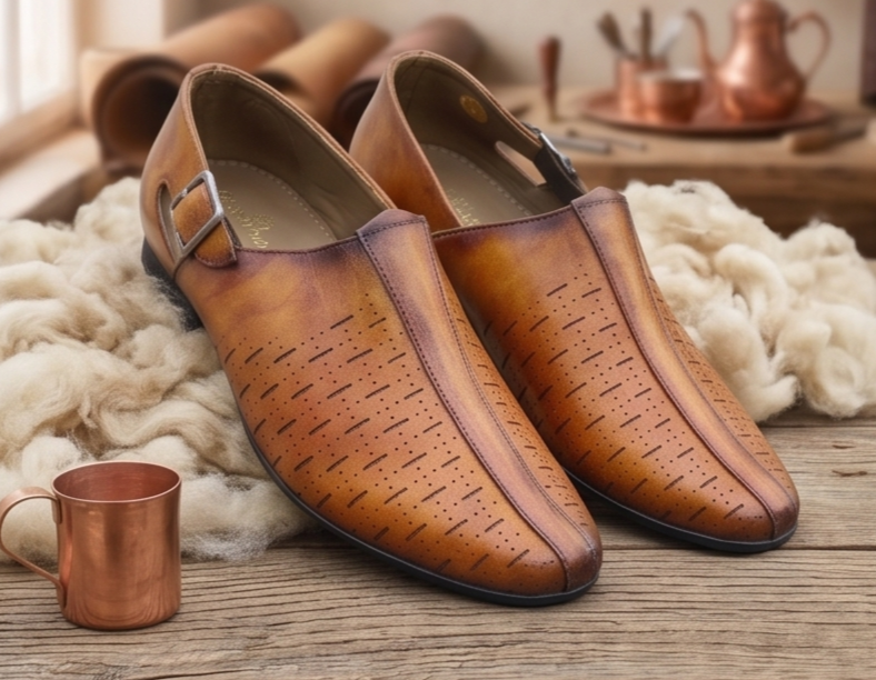 Burnished Light Tan Monk-Strap Perforated Shoes