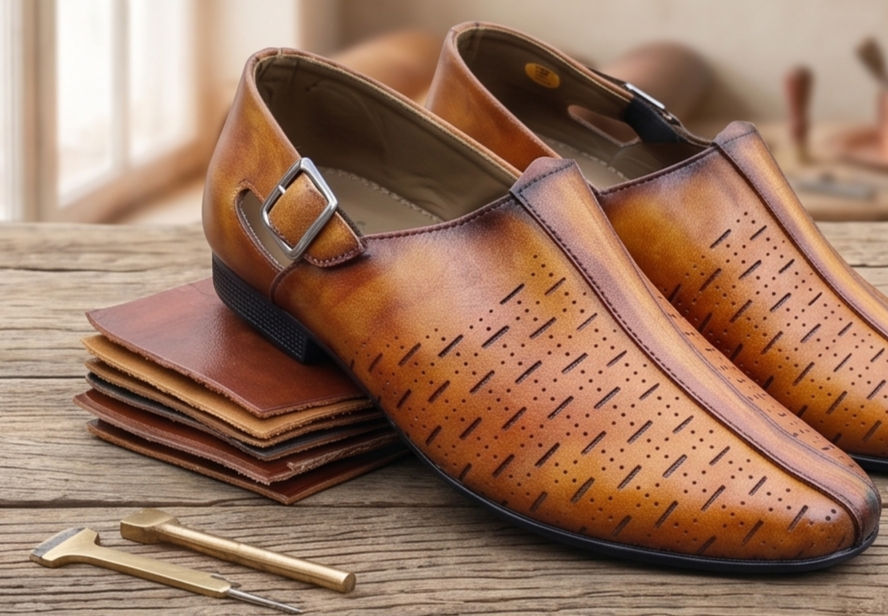 Burnished Light Tan Monk-Strap Perforated Shoes