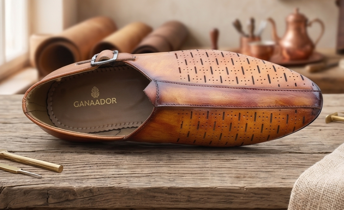 Burnished Light Tan Monk-Strap Perforated Shoes